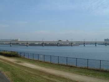 神崎バス停から河川敷と上流を見る